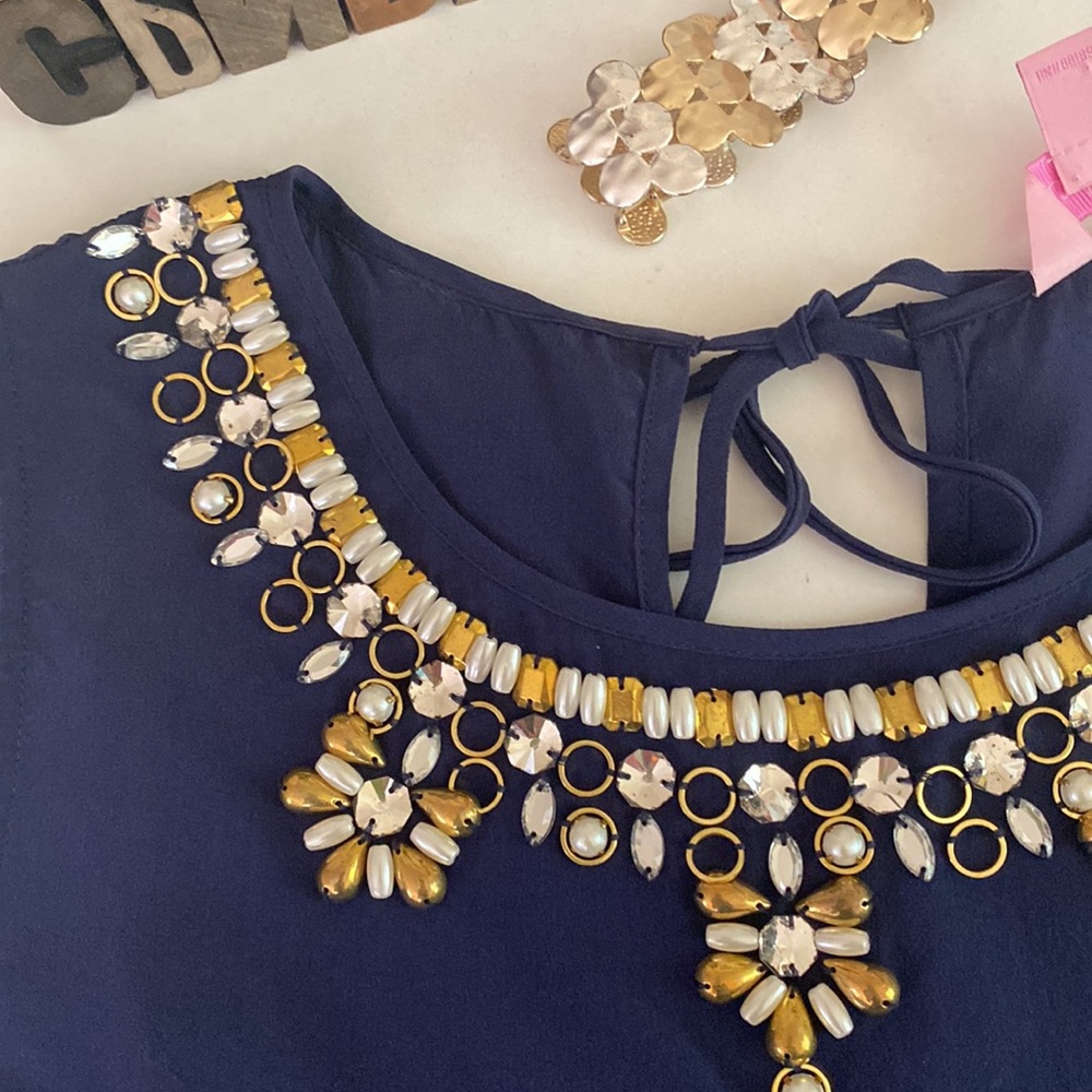 🌴LILLY PULITZER ‘Havana’ Embellished Silk Top in Navy - Picture 7 of 10